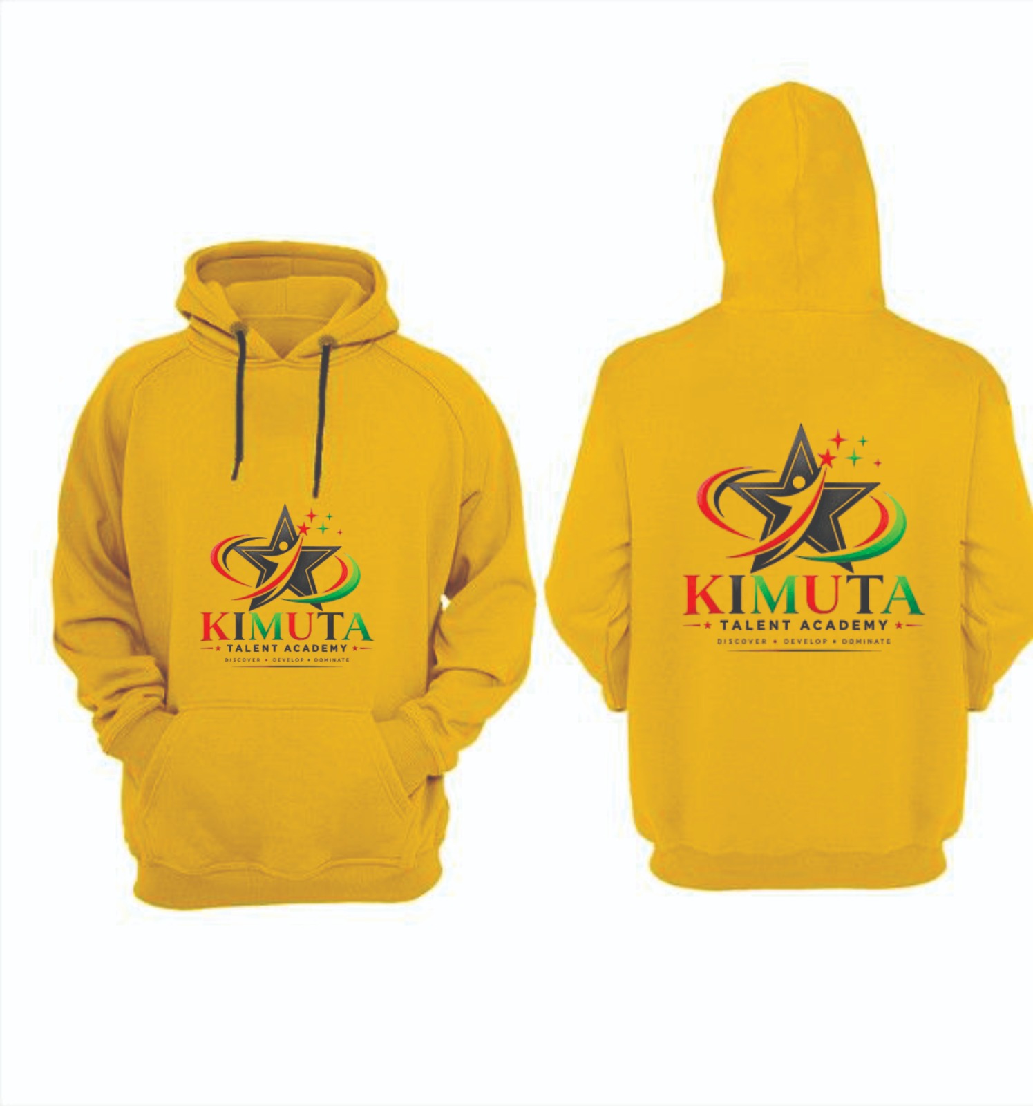 Custom yellow hoodie printed for Kimuta Talent Academy by Jumotas Technologies