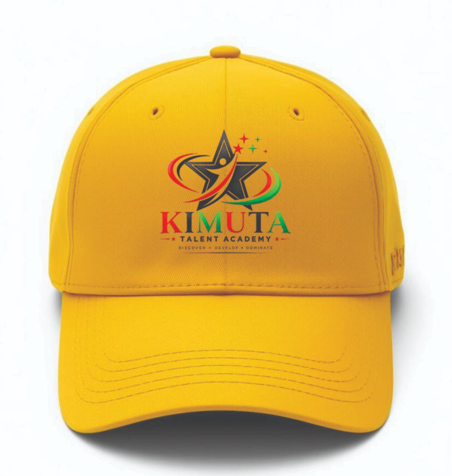 Custom branded yellow cap printed for Kimuta Talent Academy