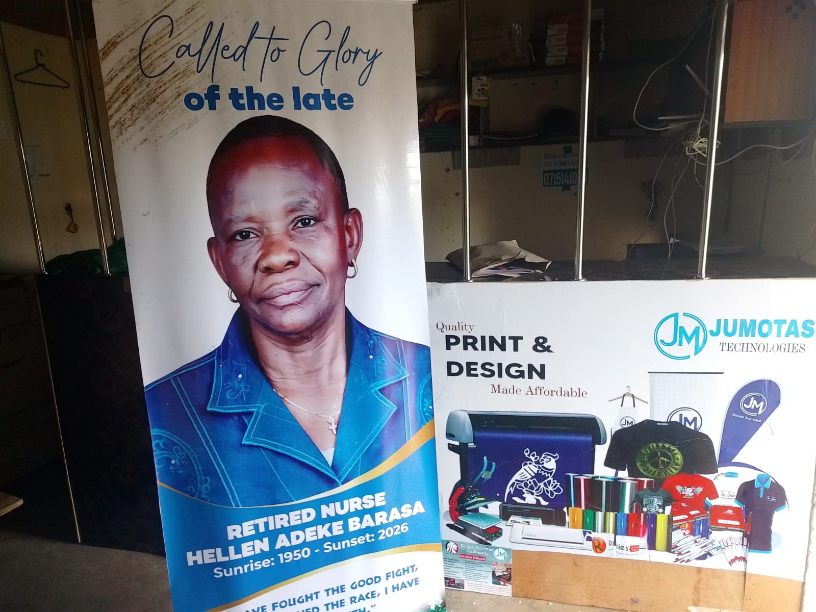 Custom design banners printed by Jumotas Technologies for funeral and memorial services