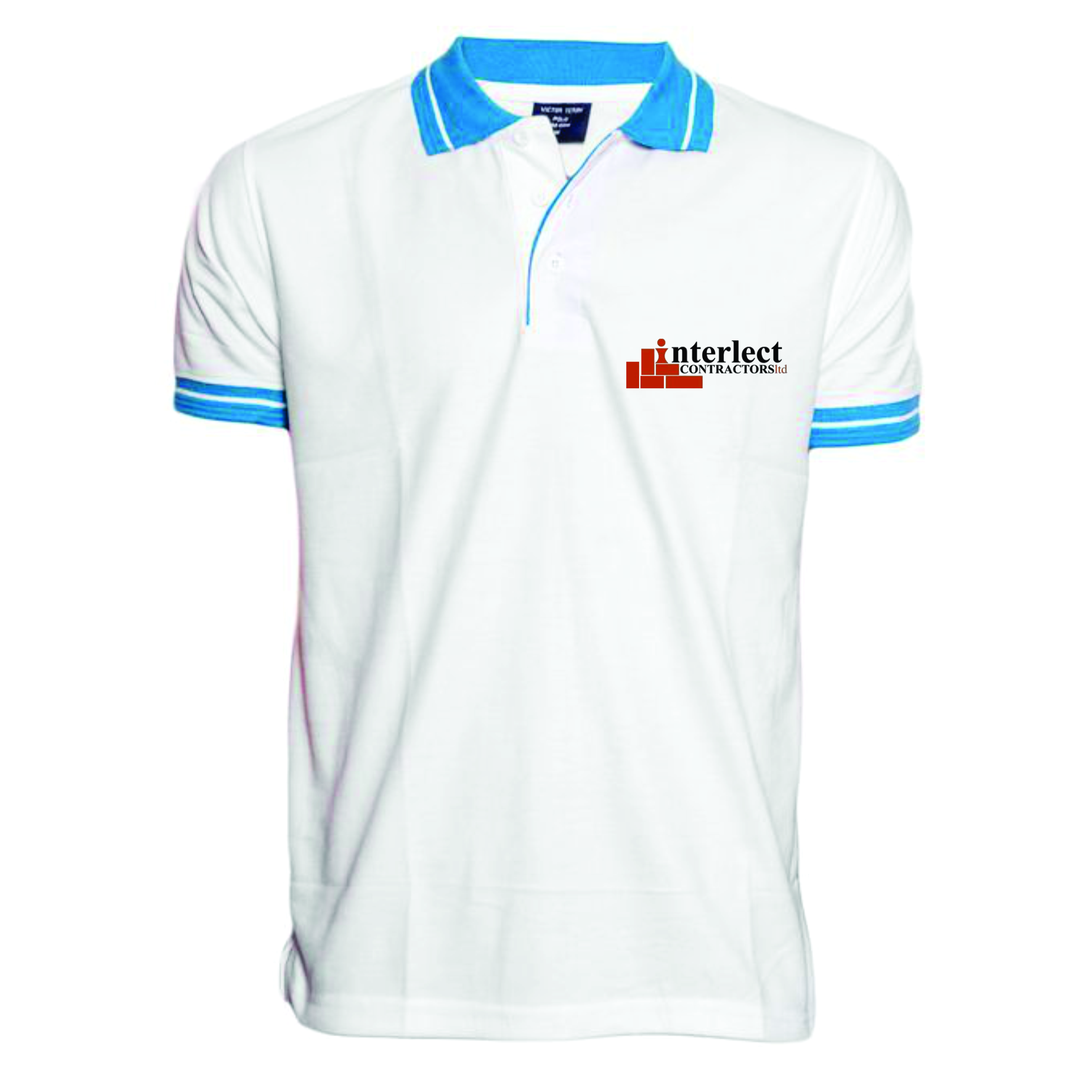 Branded white polo shirt printed for Interlect Contractors by Jumotas Technologies